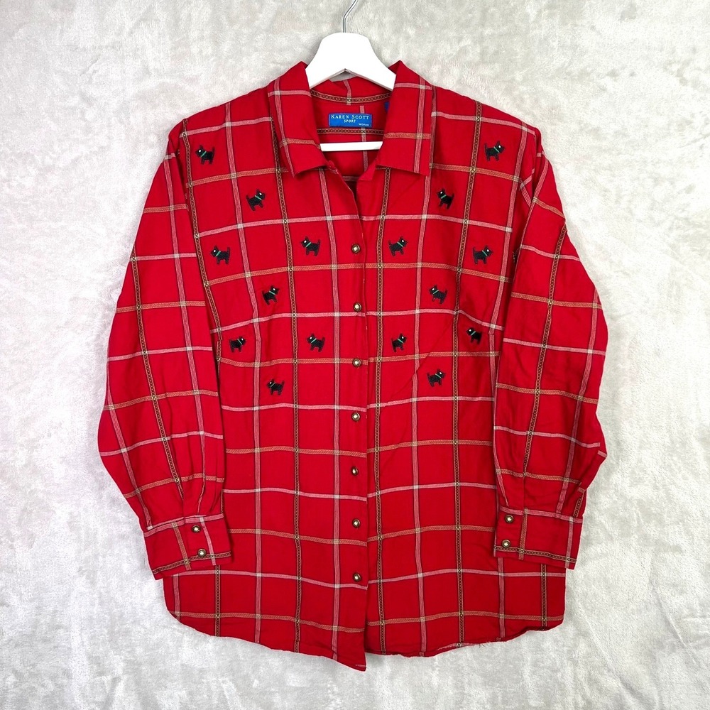Vintage Karen Scott Shirt Womens Red Plaid Scottish Terrier Embroidered Size 1X - Picture 2 of 9